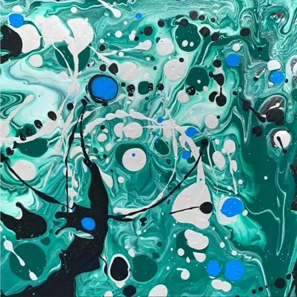 Original Paint Pour Art - 8x8 wrapped canvas with greens, blue, silver & white - Picture 6 of 11